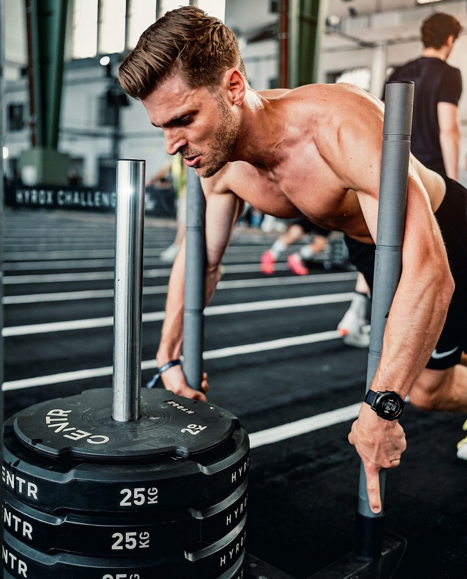 Felix Laux beim Sled Push im HYROX-Wettkampf